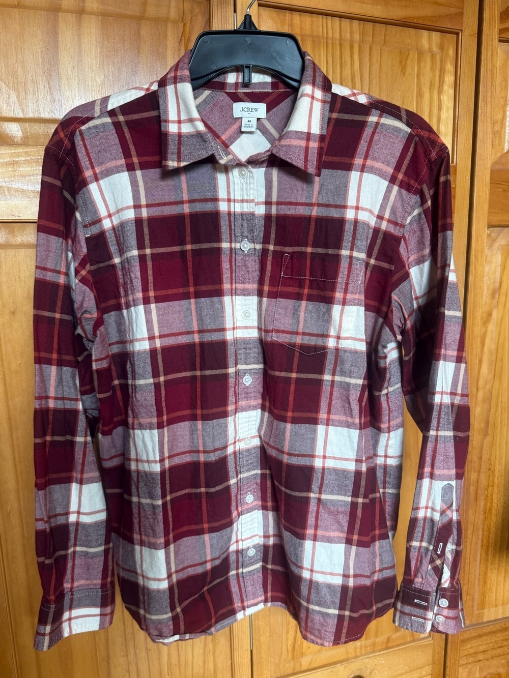 J.Crew Women's  Medium Flannel Button-Down Shirt - Maroon, Burgundy/White Plaid